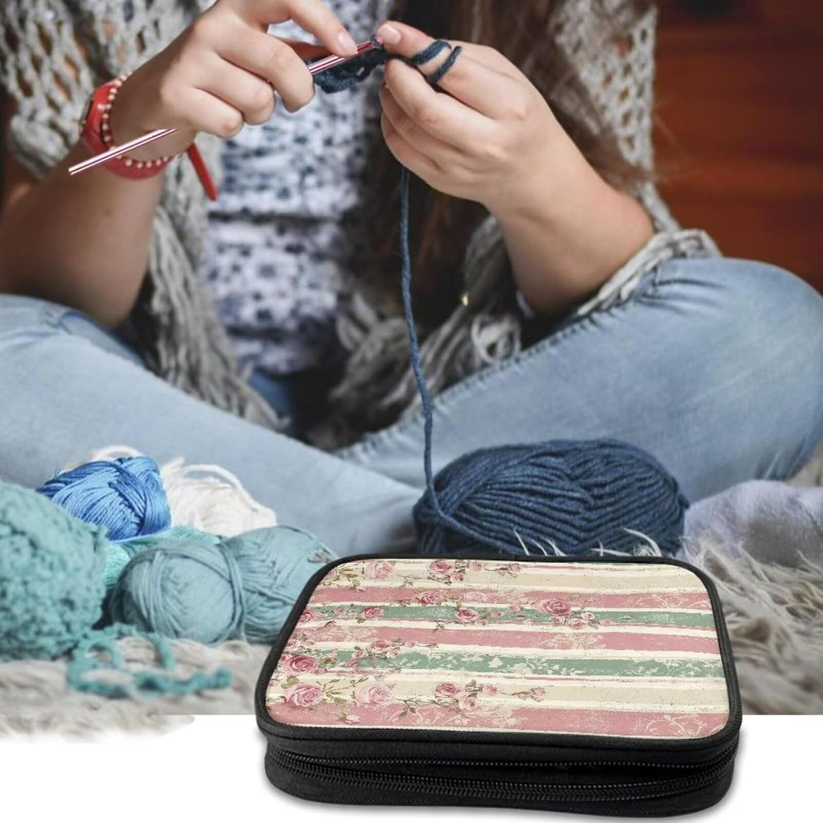 Vintage Stripe Floral Empty Crochet Hook Case Portable Travel Crochet