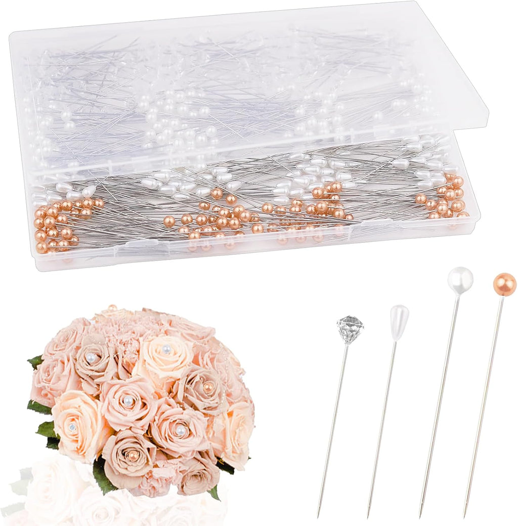500Pcs 4 Styles Bouquet Pins Flower Pin Pearl Head Pins Crystal
