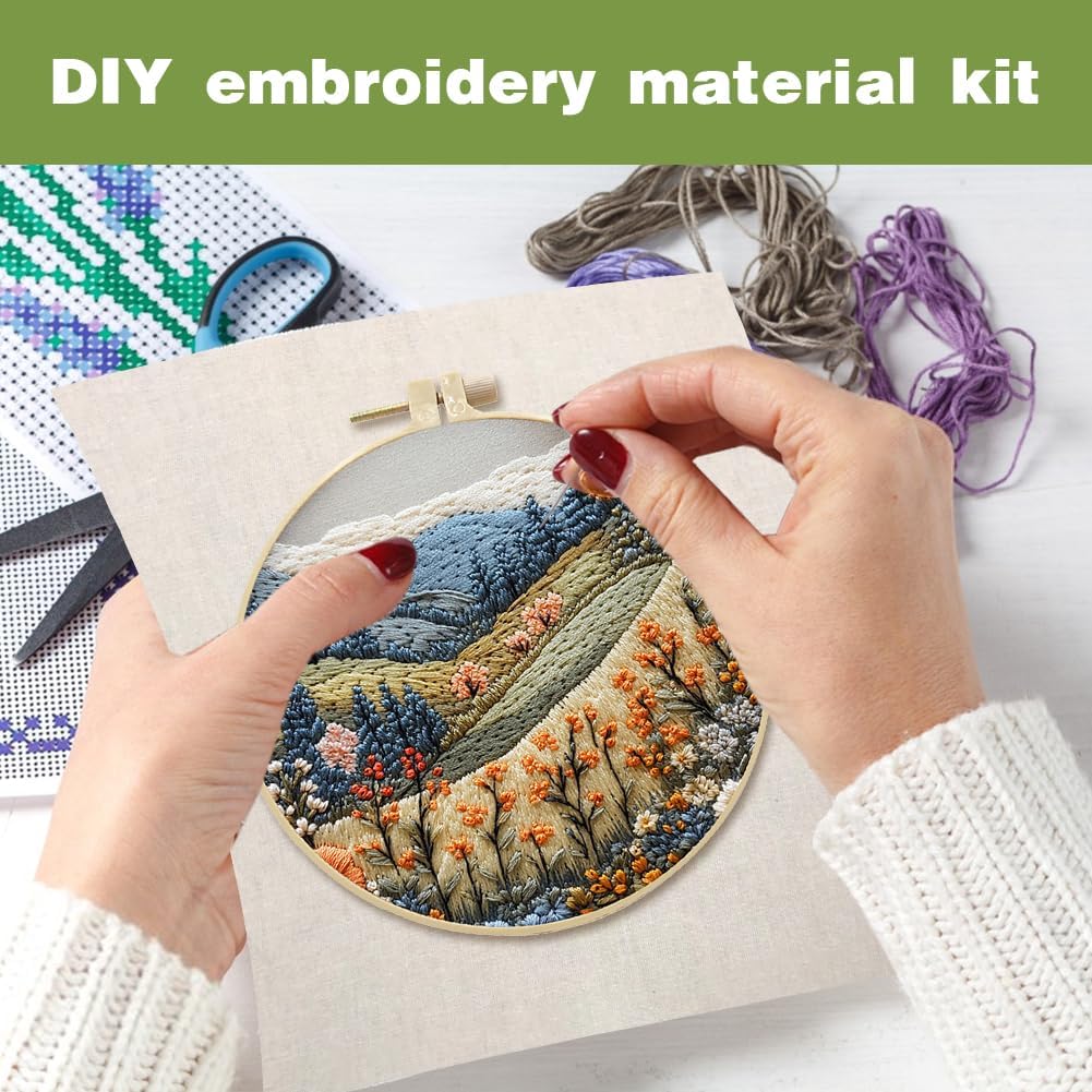 EUBUY Embroidery Kit for Beginners, Nature Landscape Pre-Stamped