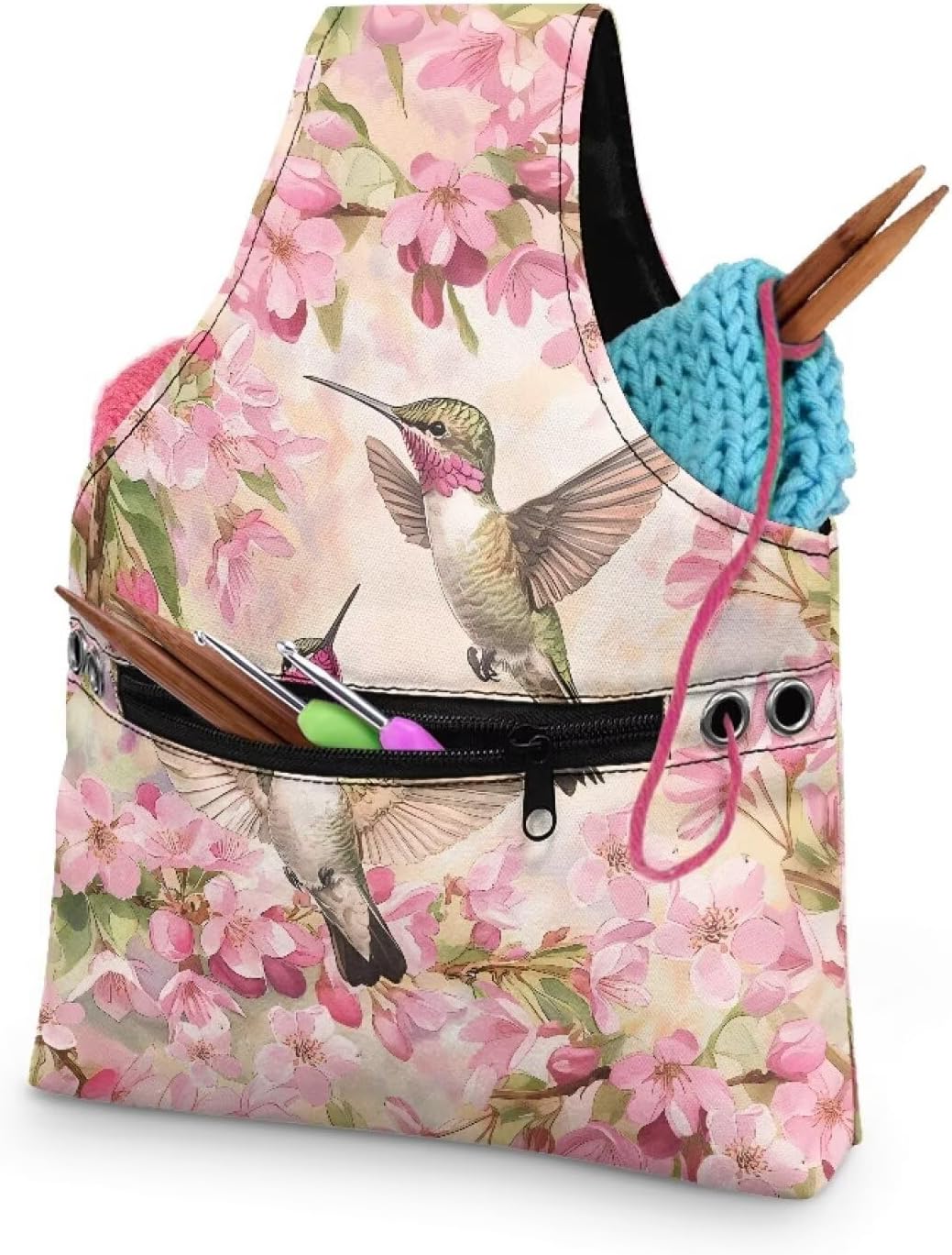 Snilety Pink Floral Embroidery Project Carrying Bag Hummingbird