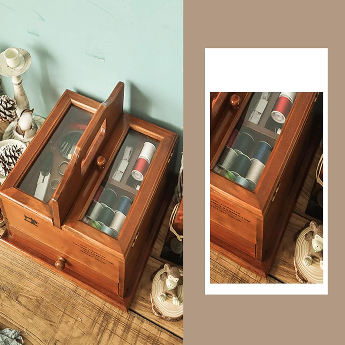 Sewing Kit, Retrowooden Sewing Basket Portable Sewing Box Drawer Type