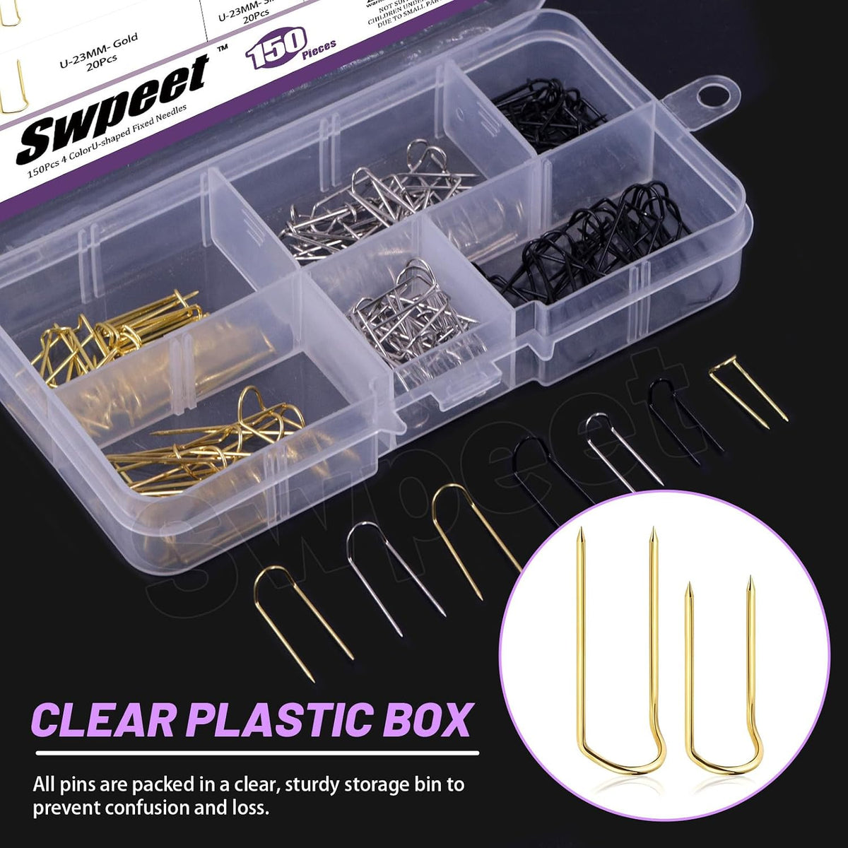 Swpeet 150Pcs 3 Colors 23mm/ 0.9 Inch Stainless Steel Sewing U-Pins