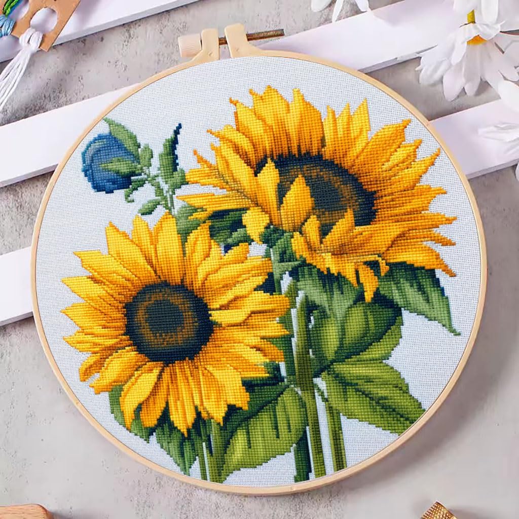 DIY Cross Stitch Kits Sunflowers with Hoop 20x20cm-1