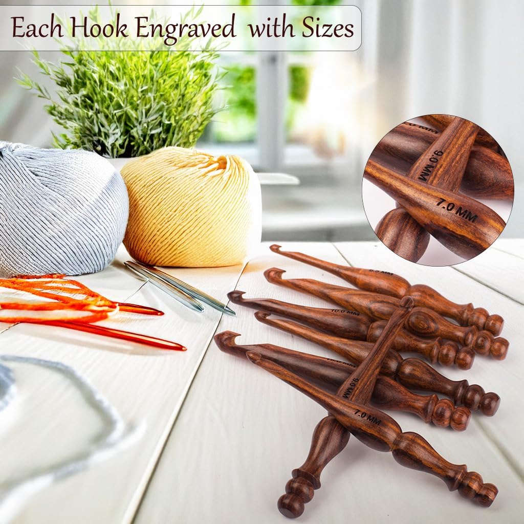 Wooden Large Crochet Hooks Set of 7 (6.5mm to 15mm) – Ergonomic Hooks