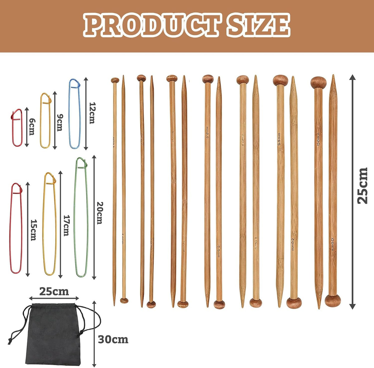 7 Pairs Bamboo Knitting Needles Set, Straight Single Pointed Wooden
