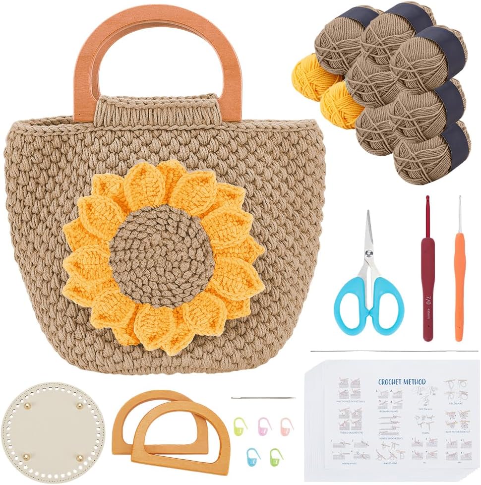 FREEBLOSS Crochet Sunflower Bag Set Wood Handle Sunflower Bag Crochet