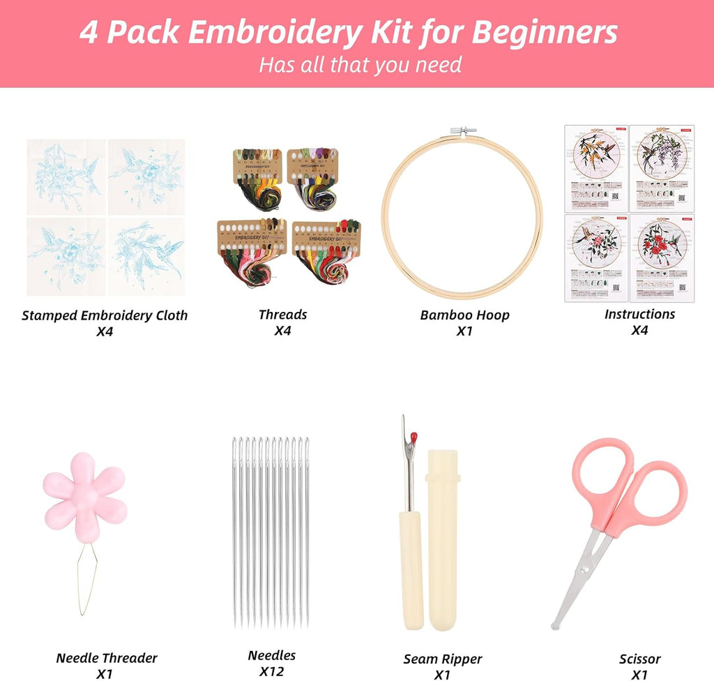 Sopoloray 4 Pack Hummingbird Embroidery Kit for Beginner Adults,Floral