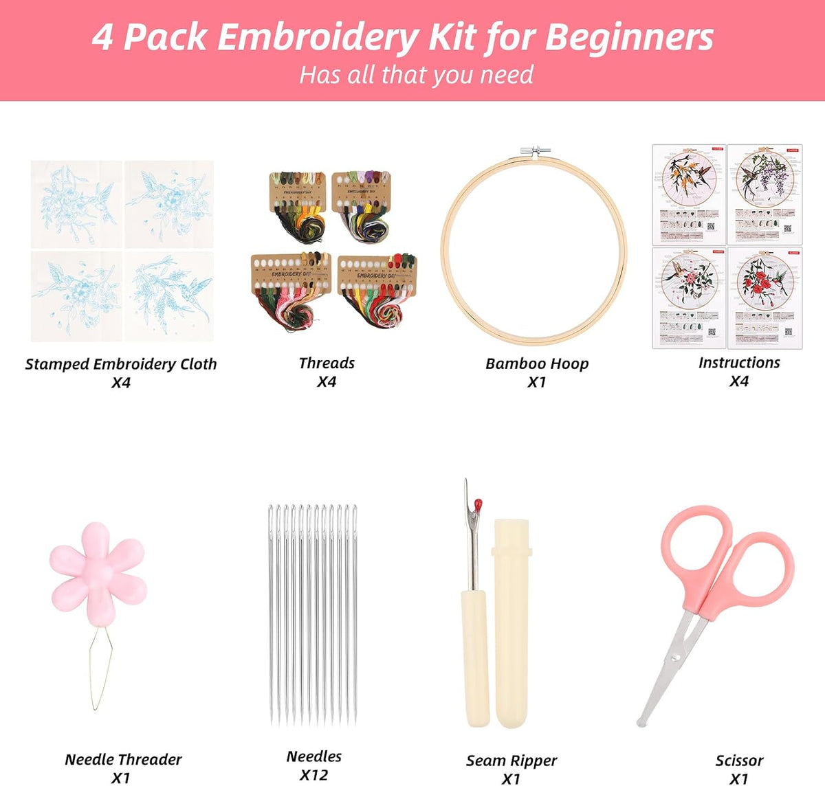 Sopoloray 4 Pack Hummingbird Embroidery Kit for Beginner Adults,Floral