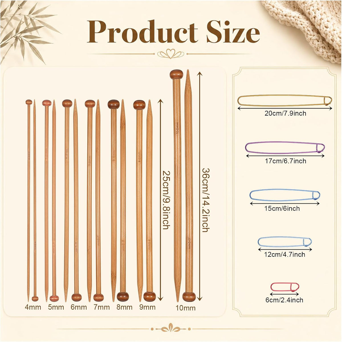 7 Pairs Bamboo Knitting Needles Set, Bamboo Natural Single Point