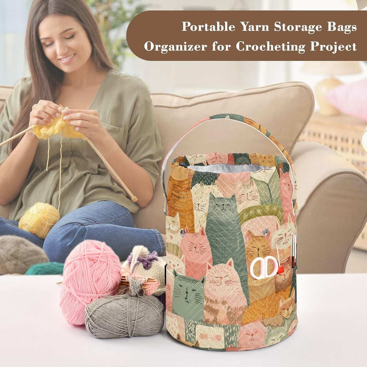 Orange Pink Cat Yarn Bag Small Crochet Bag Drawstring Yarn Storage