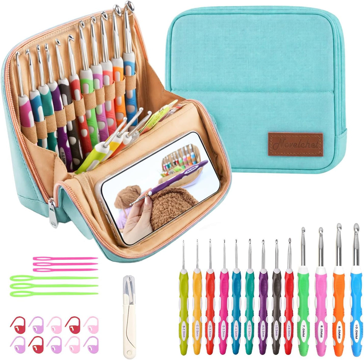 Novelchet Ergonomic Crochet Hooks Set with Case 2.0-10.0mm(B-N) Aqua