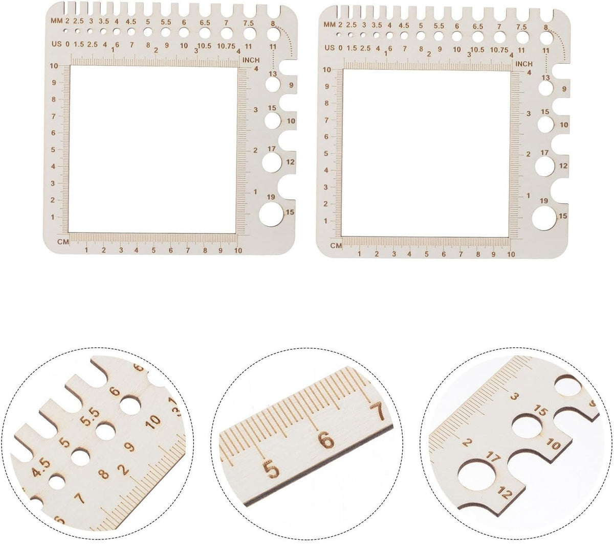 2pcs Square Wood Knitting Gauge Ruler for Needles Metric Imperial