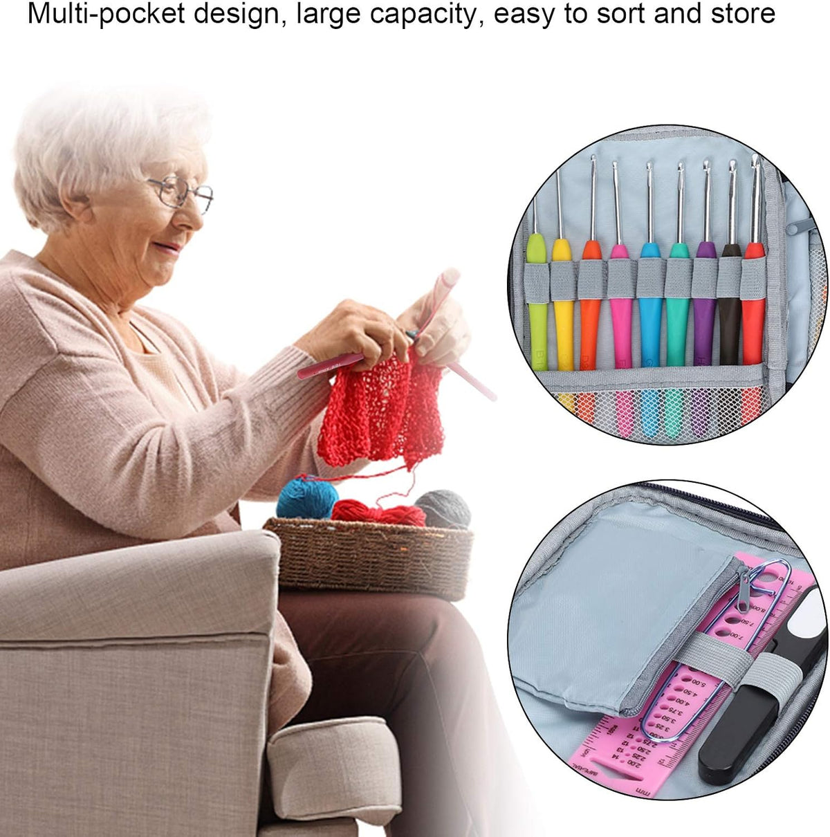 HEEPDD Crochet Hook Organizer Bag, Portable Double Zipper Storage Case