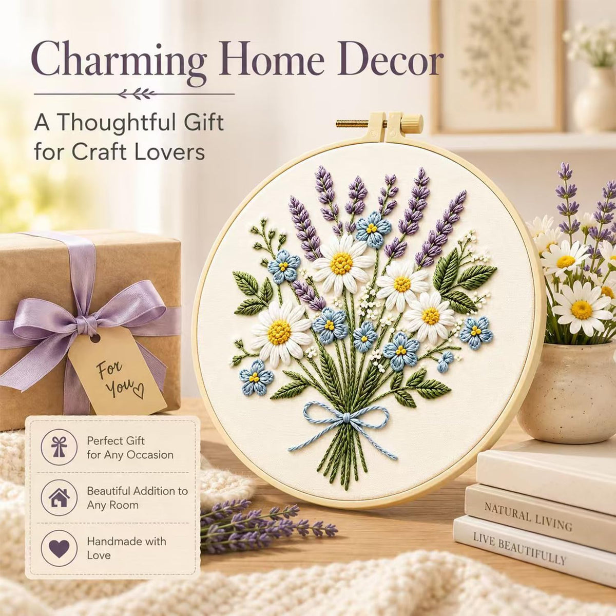 Daisy Lavender Embroidery Kit for Beginners, DIY Floral Craft Set
