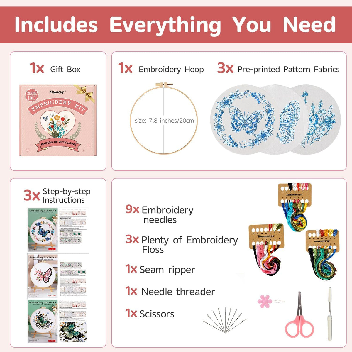 Meyocky Butterfly Flower Embroidery Kit for Beginners with Stitch
