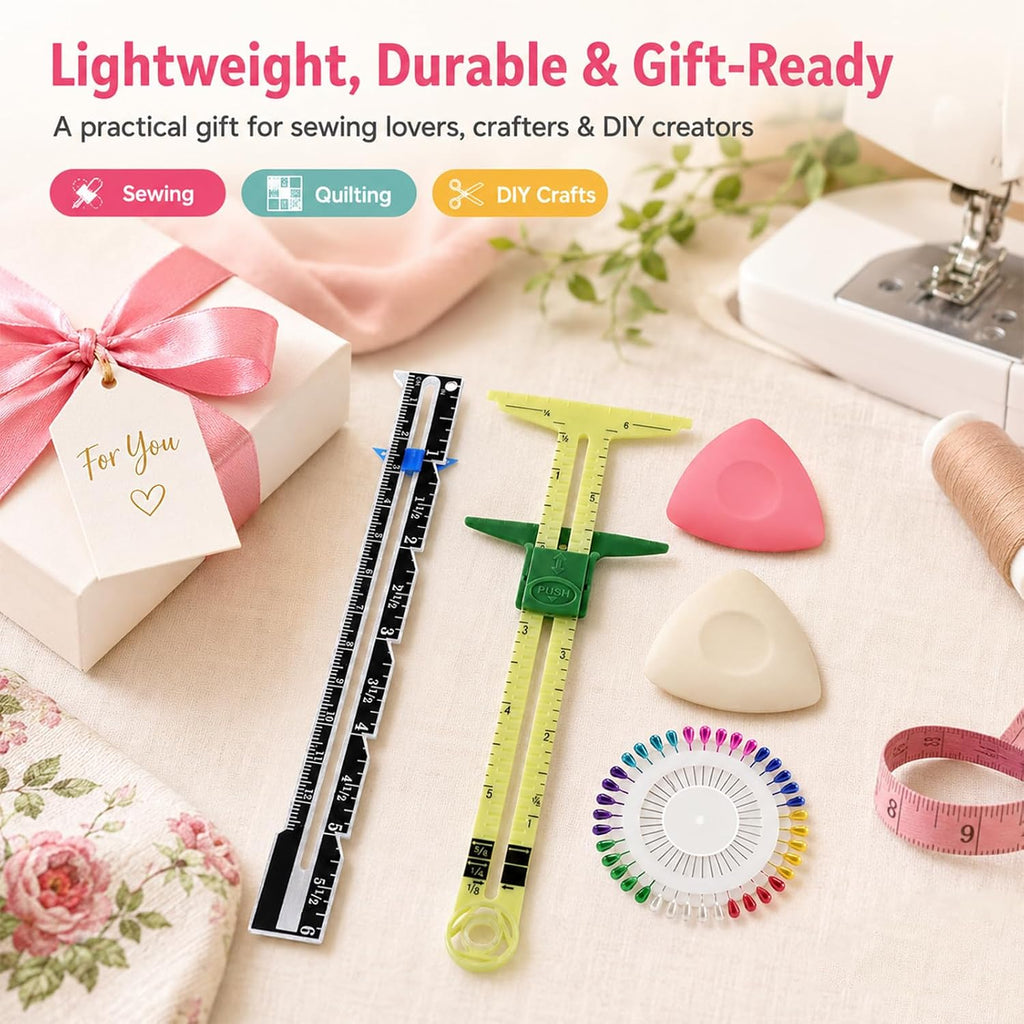 5 Piece Sewing Gauge Set, 5-in-1 Sliding Ruler & Seam Gauge, Yellow