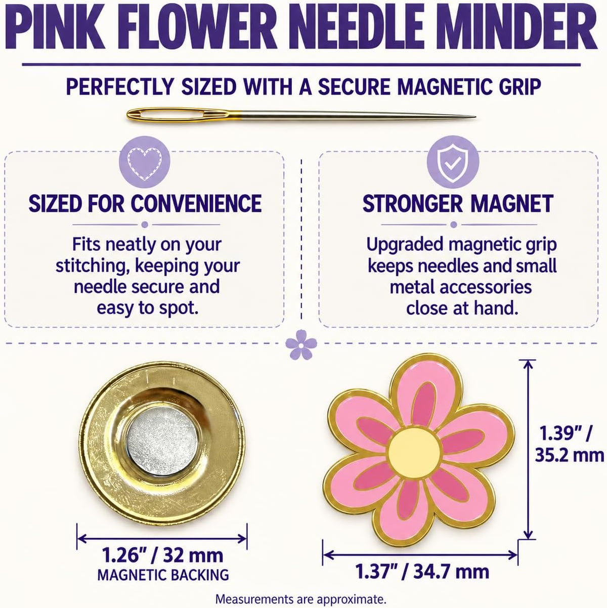 The Quilted Bear Magnetic Needle Minder, Large, Pink Flower