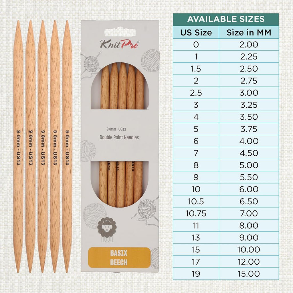 KnitPro Basix Beech Double Pointed Needles 8" (20cm) | US Size 13