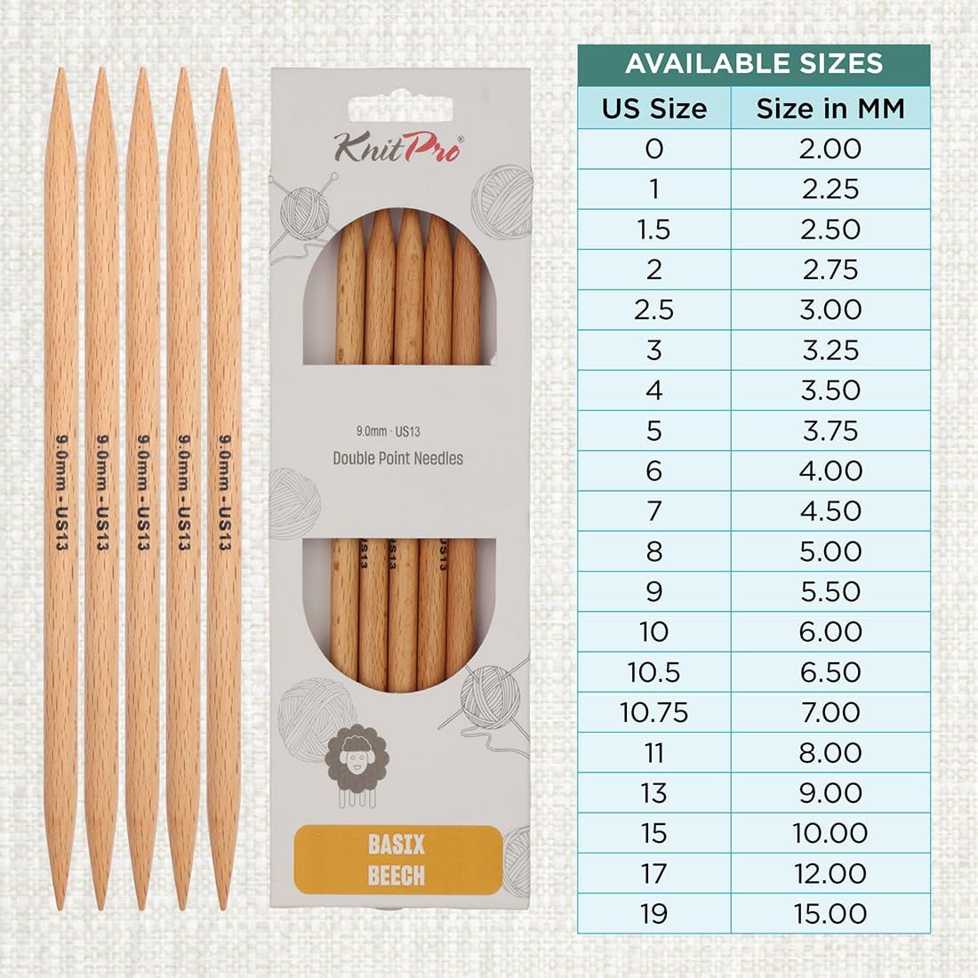 KnitPro Basix Beech Double Pointed Needles 8" (20cm) | US Size 13