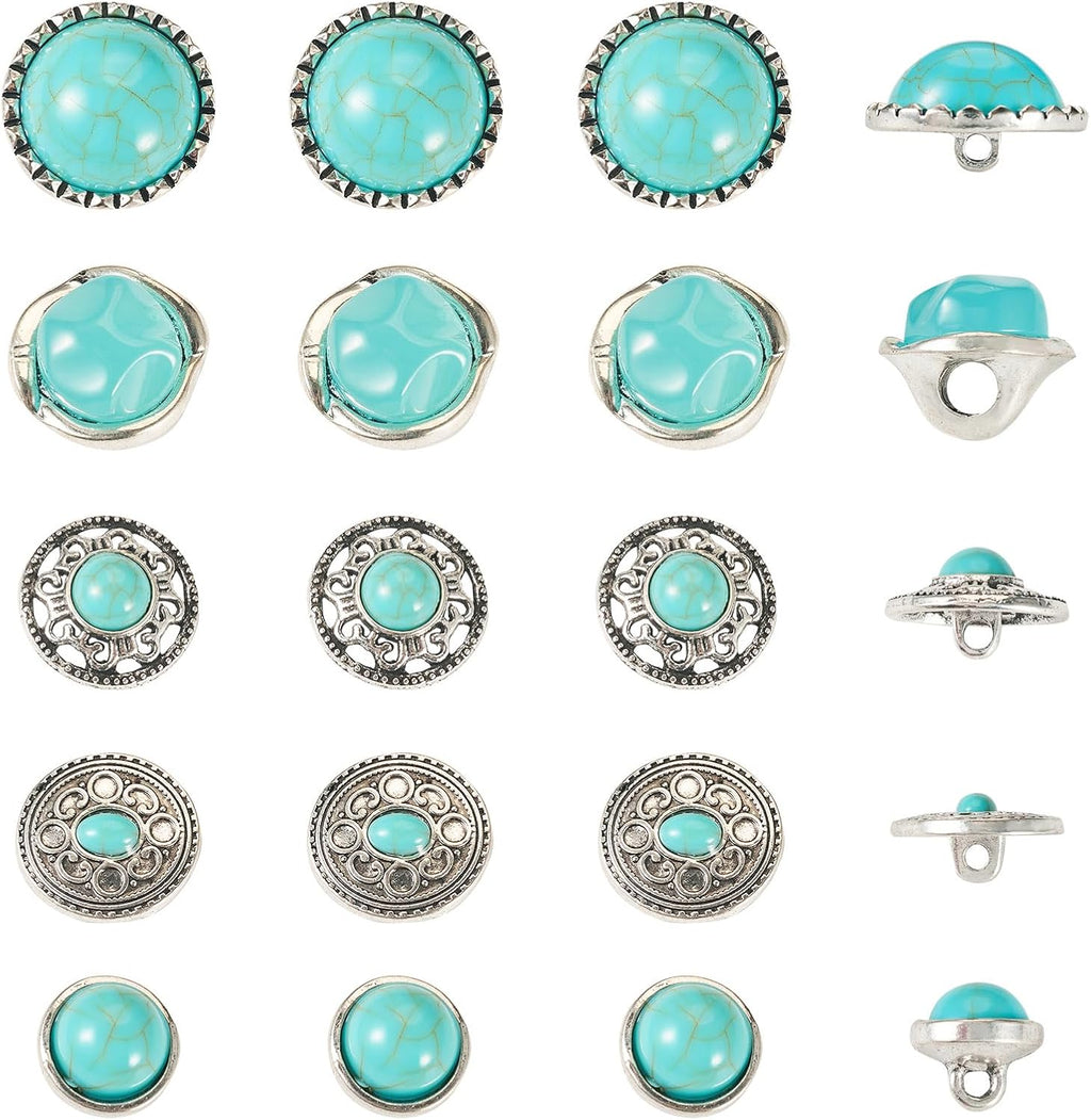 Beadthoven 20pcs Turquoise Alloy Buttons Antique Silver Metal Shank
