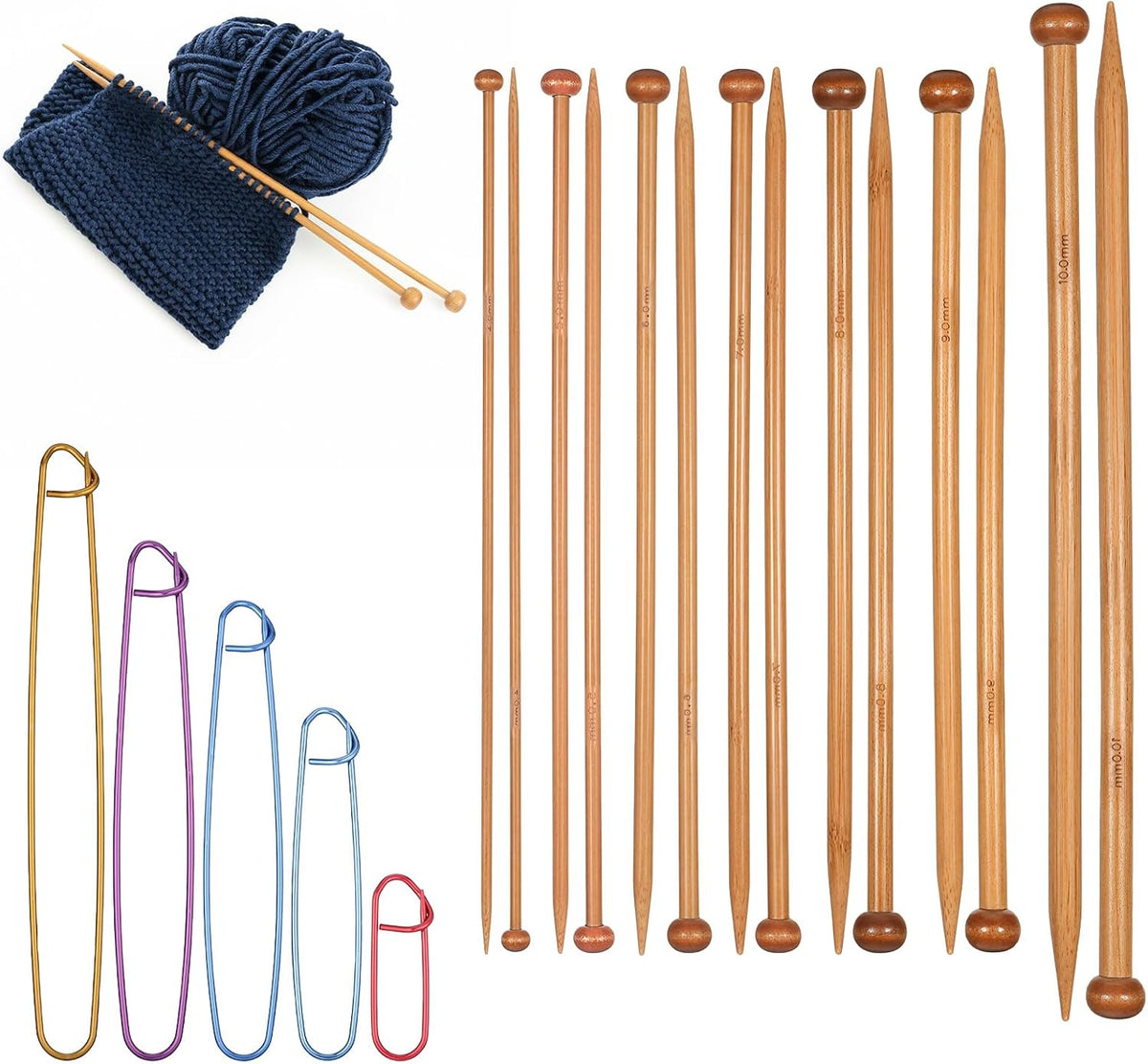 7 Pairs Bamboo Knitting Needles Set, Bamboo Natural Single Point