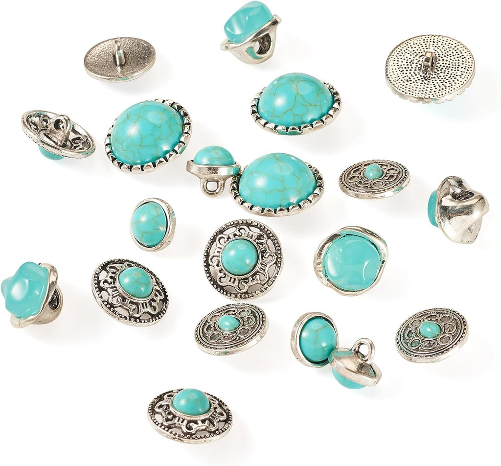 Beadthoven 20pcs Turquoise Alloy Buttons Antique Silver Metal Shank