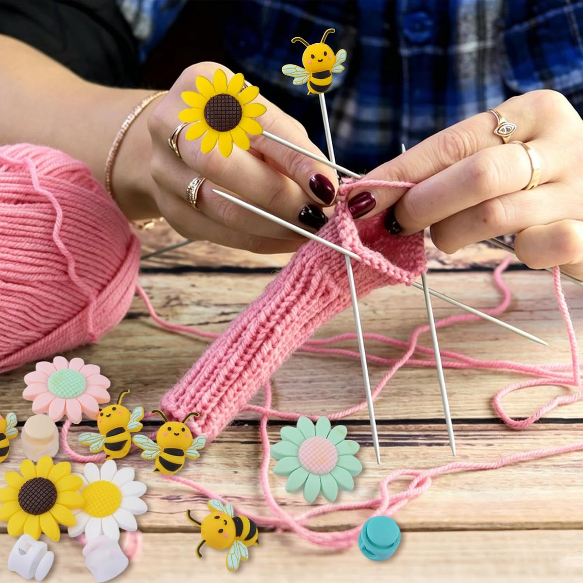 12 Pcs Silicone Knitting Needle Stoppers, Bee Daisy Flower Knitting