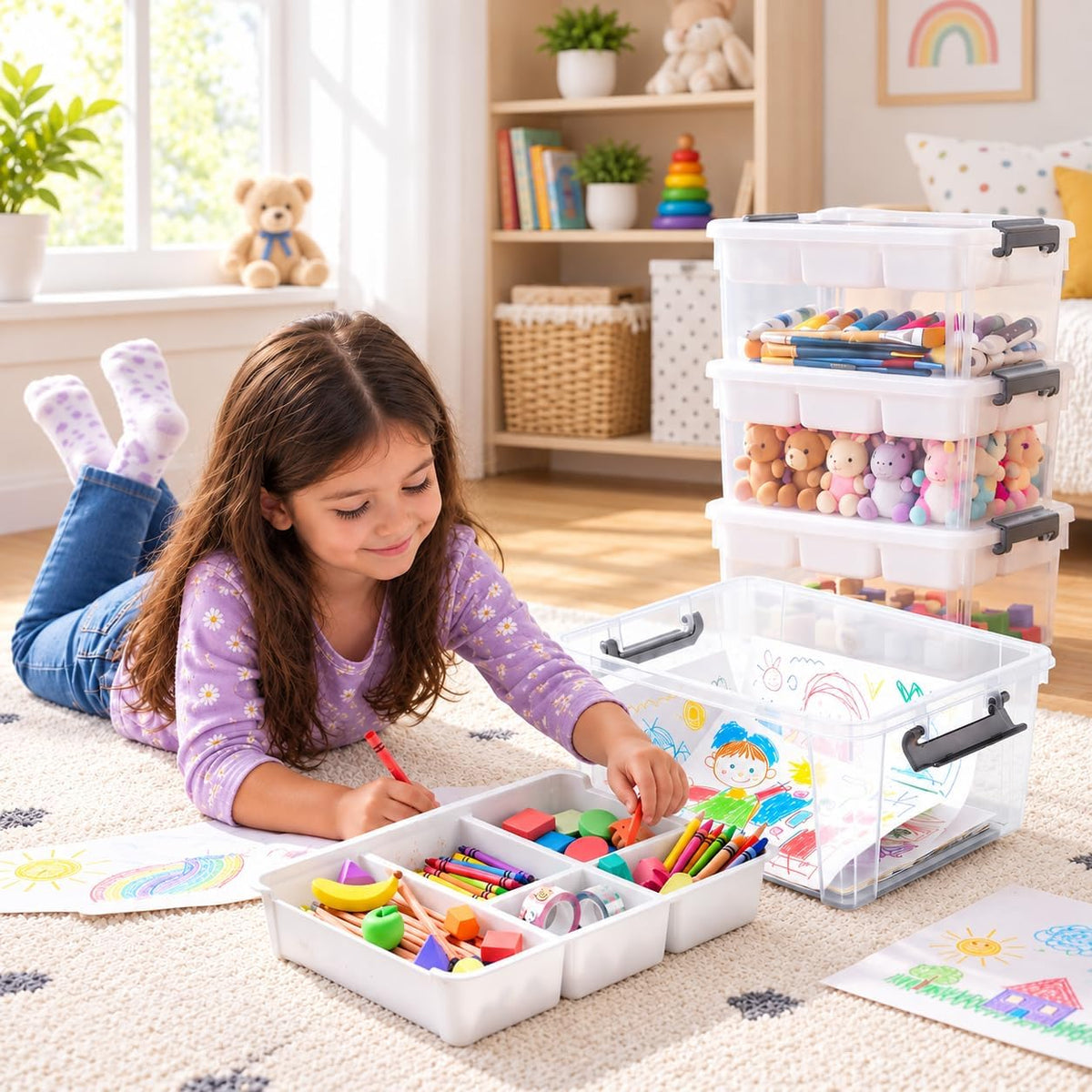 Clear Plastic Storage Box 17 QT with Removable Tray, Craft Organizer