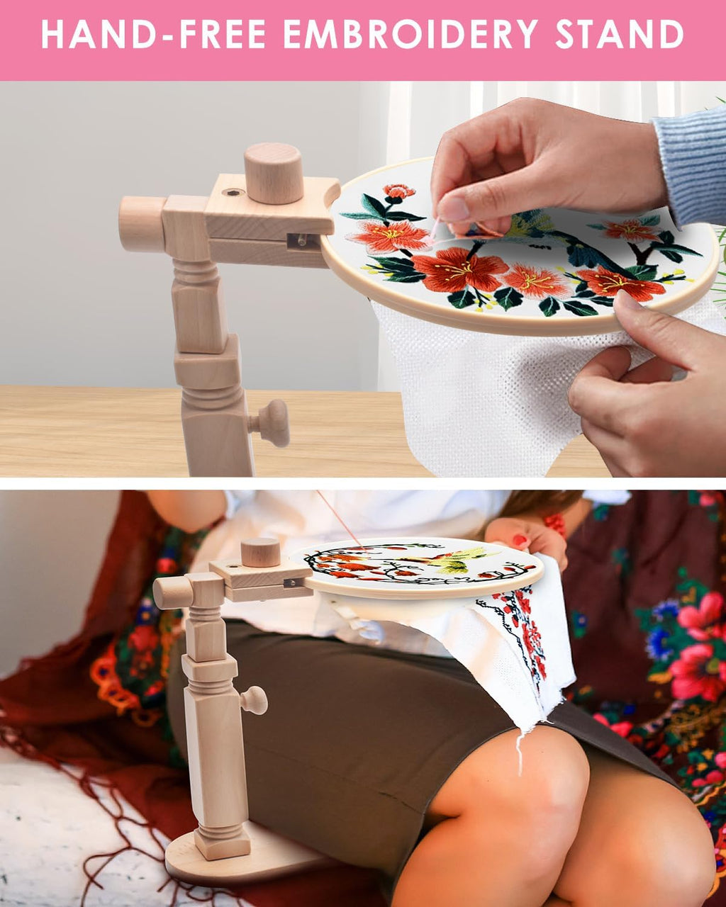 TINDTOP Beech Wood Embroidery Hoop Stand, with Hummingbird Embroidery