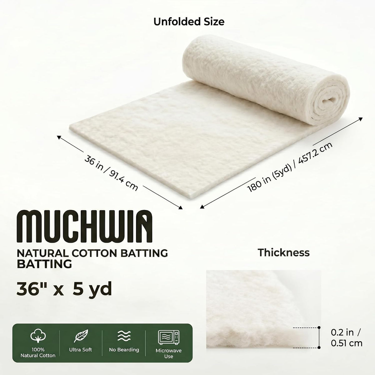 MUCHWIN 100% Cotton Batting for Quilting 36" x5Yd, 200GSM Quilt