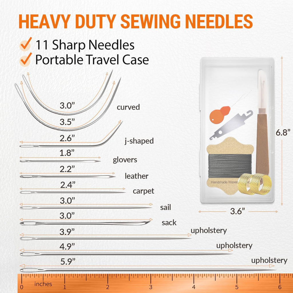 Waxed Sewing Thread (Black Color), Heavy Duty Needles (11 PCS), Large