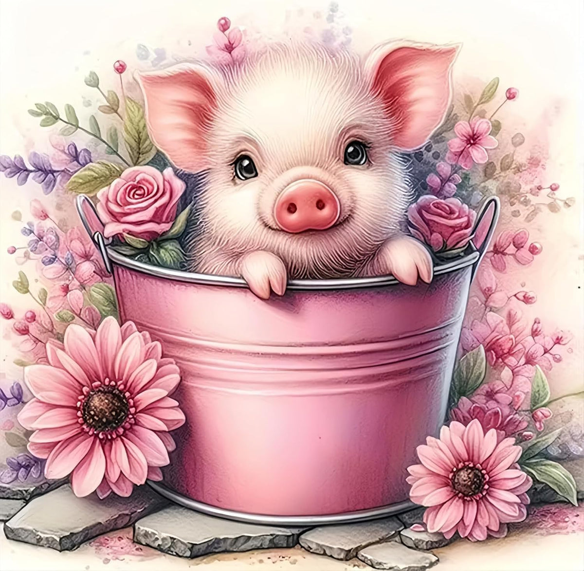Cute Pig Stamped Cross Stitch Kits for Adults Beginner, Flowers