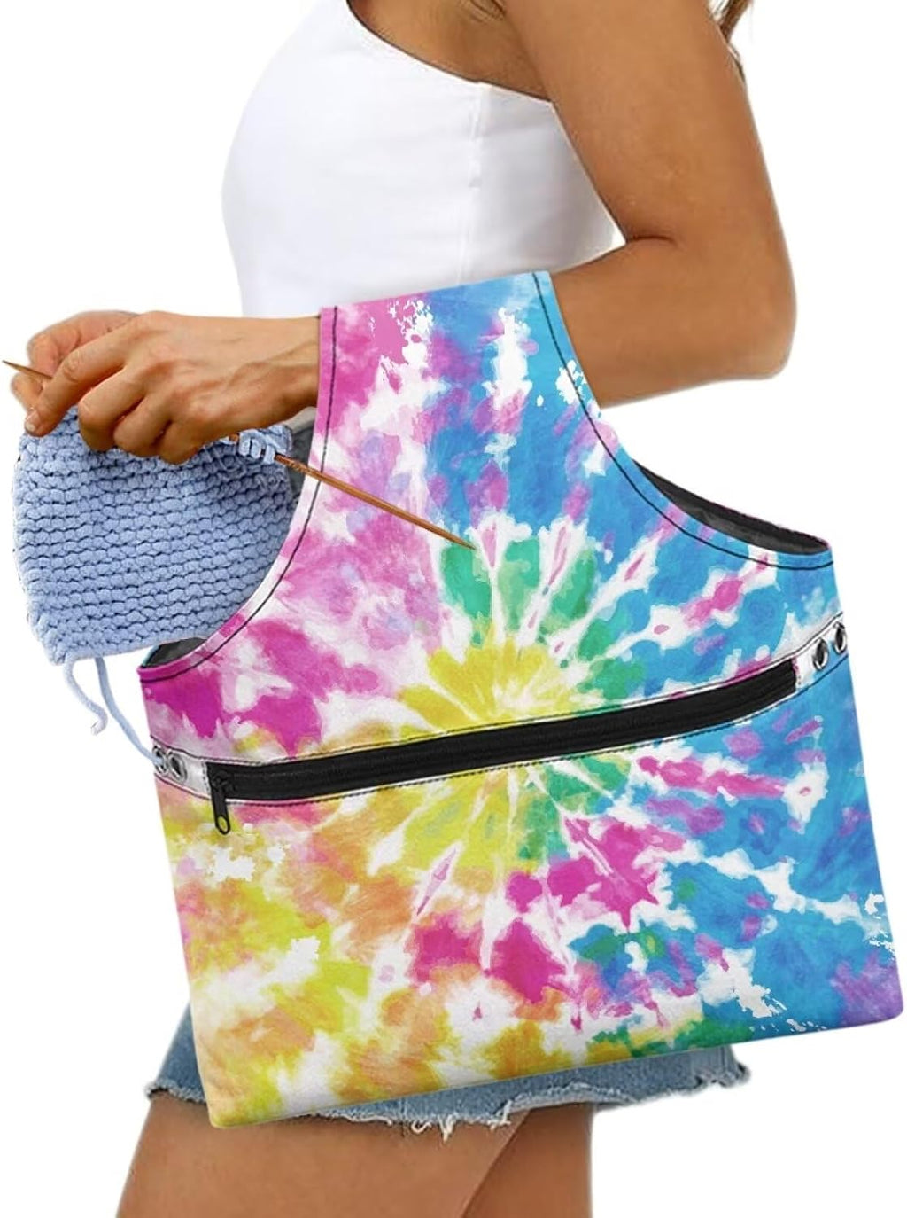 ASQVTIFE Rainbow Tie Dye Yarn Bag Needlework Tool Tote Bag Tie Dye