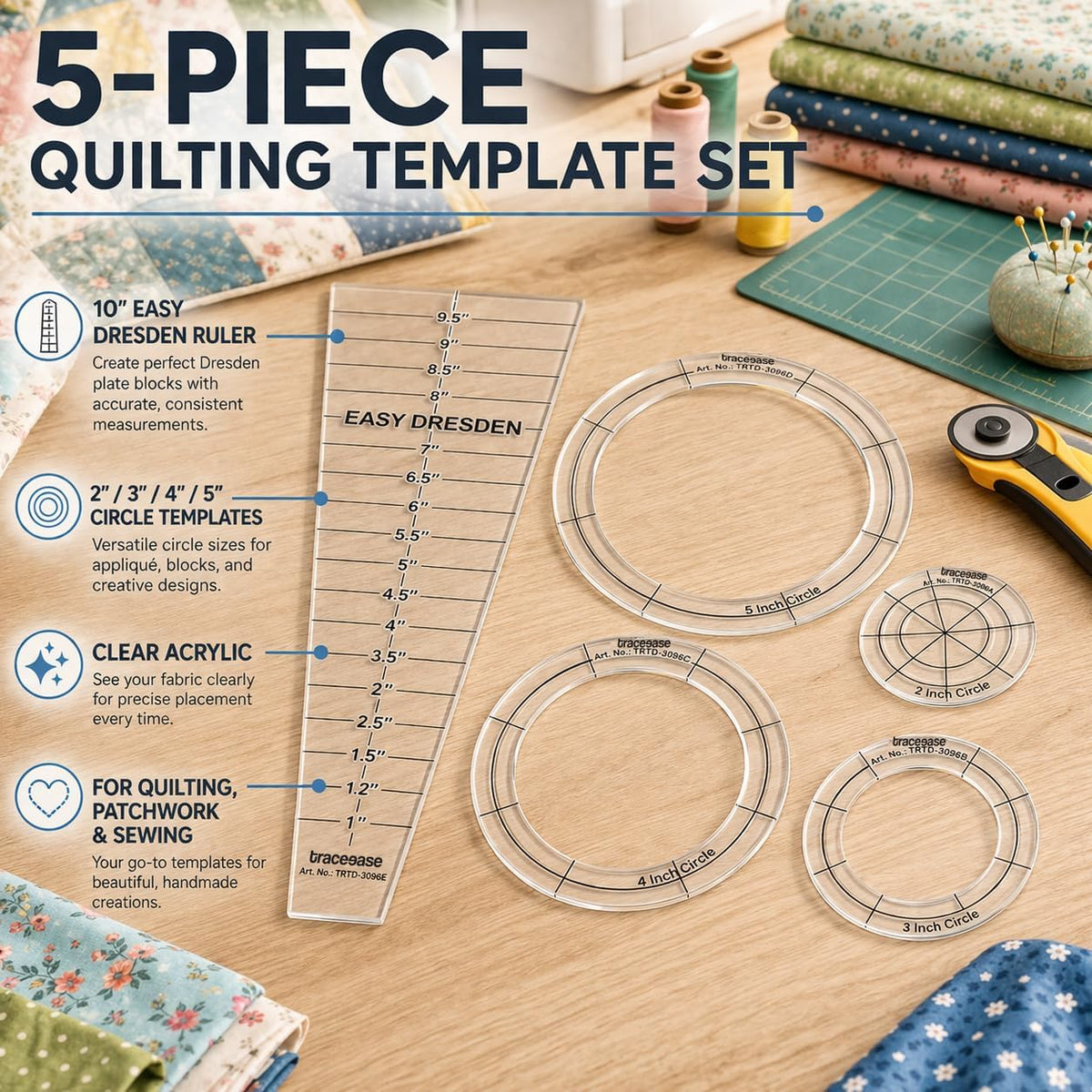 Traceease 5 Pcs Clear 4mm Acrylic Quilting Template Ruler Set, 10 Inch