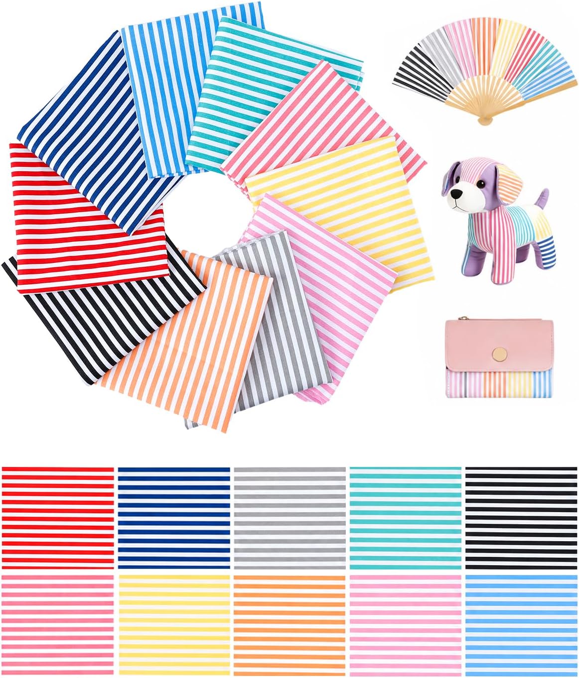 eZAKKA 10 Pack Colorful Cotton Striped Fabric, Fat Quarters Fabric