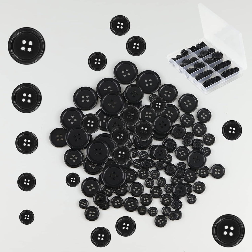 100 Pcs Premium Black Round Resin 4-Hole Sewing Buttons, 5 Sizes