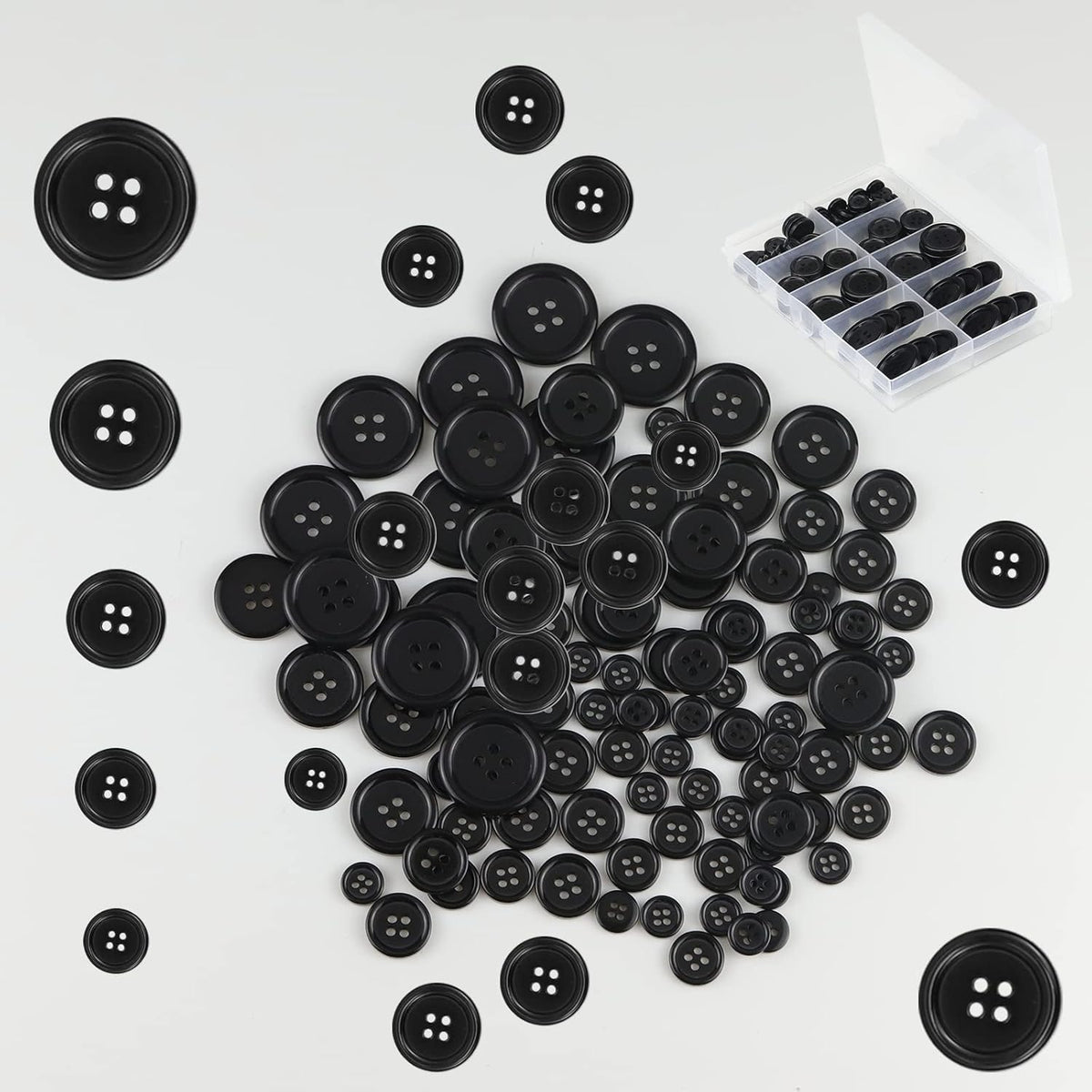 100 Pcs Premium Black Round Resin 4-Hole Sewing Buttons, 5 Sizes