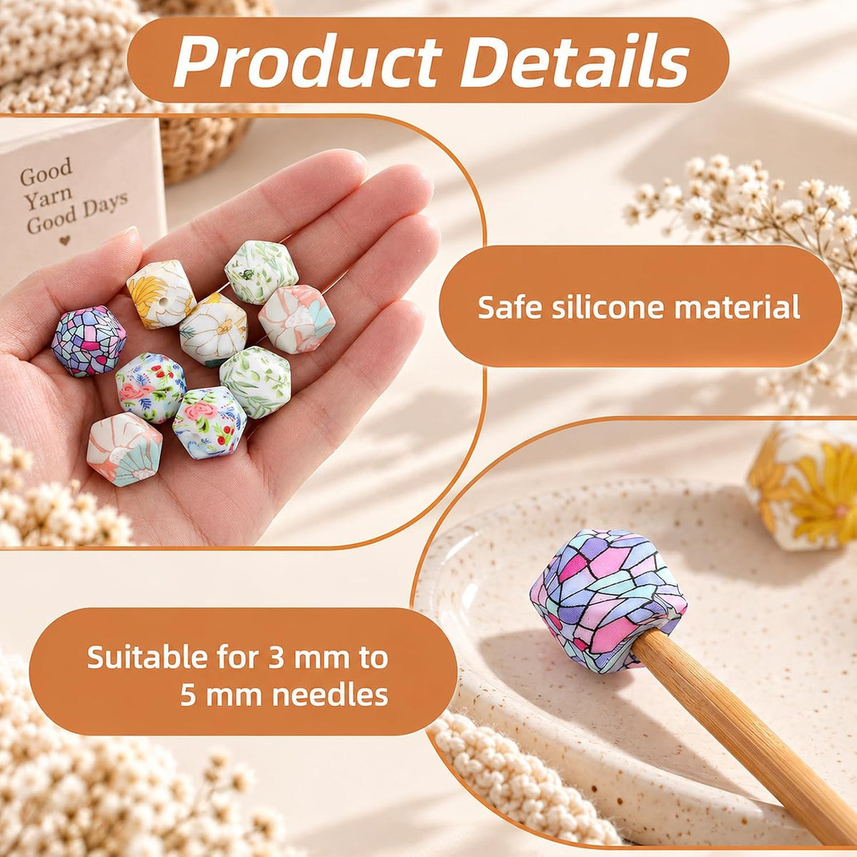10Pcs Knitting Needle Stoppers, Floral Silicone Needle Point