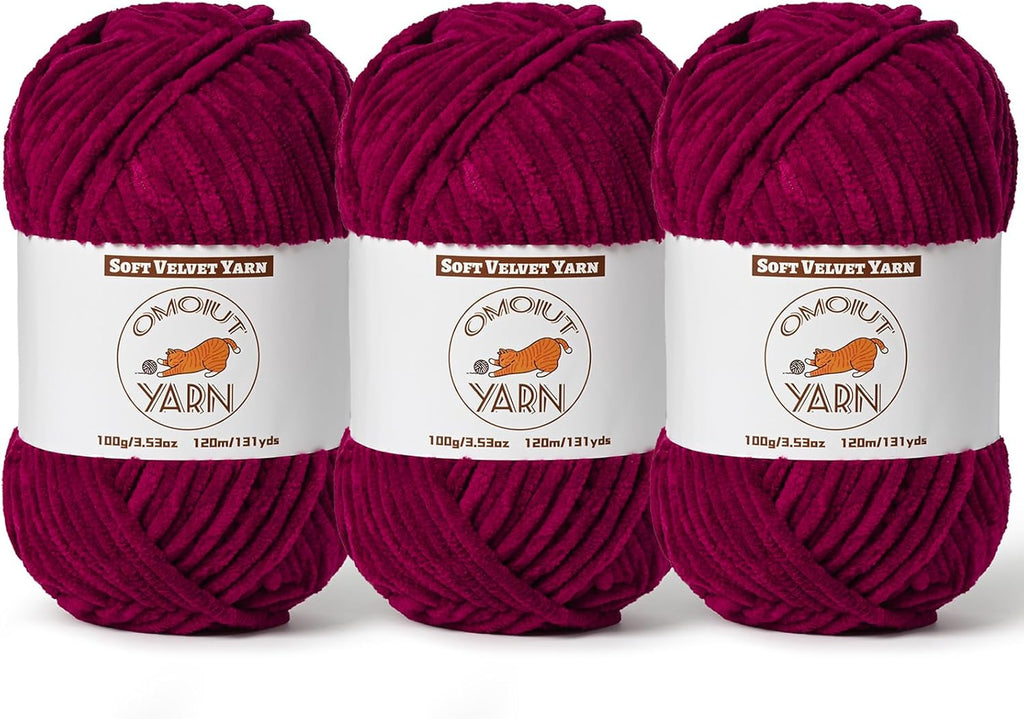 3 Pack Burgundy Fluffy Velvet Yarn for Crocheting,Chunky Chenille Baby