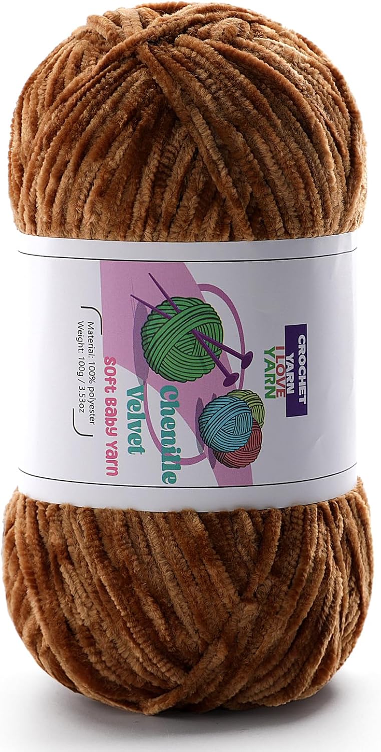 Velvet Chenille Yarn for Crocheting, Brown Baby Blanket Yarn for