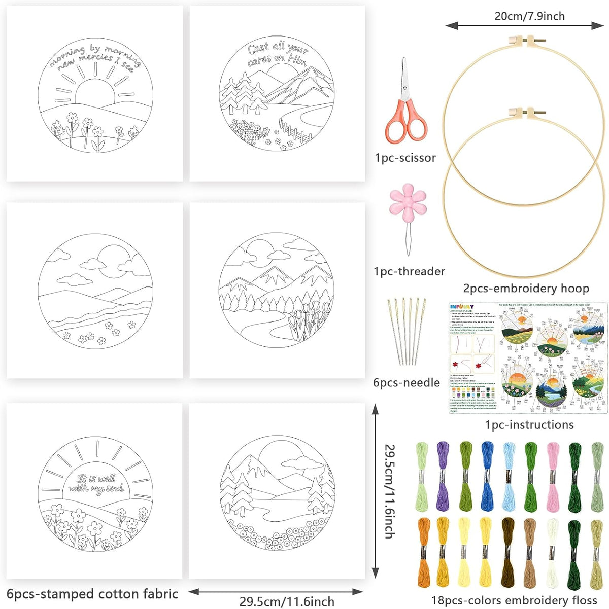 INFUNLY 6 Sets Landscape Embroidery Kit for Beginner Sun Scenery