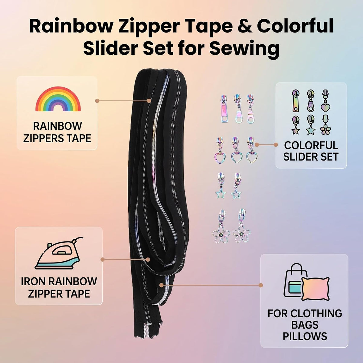 HEEPDD 11Pcs Rainbow Zipper Tape Set with Colorful Metal Sliders