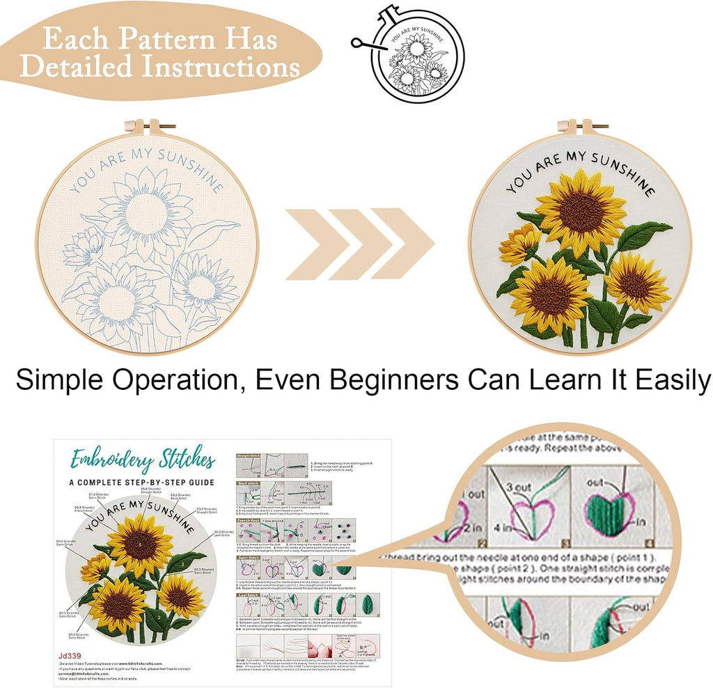 Nuberlic 3 Pack Embroidery Kit for Beginners with Sunflower Pattern