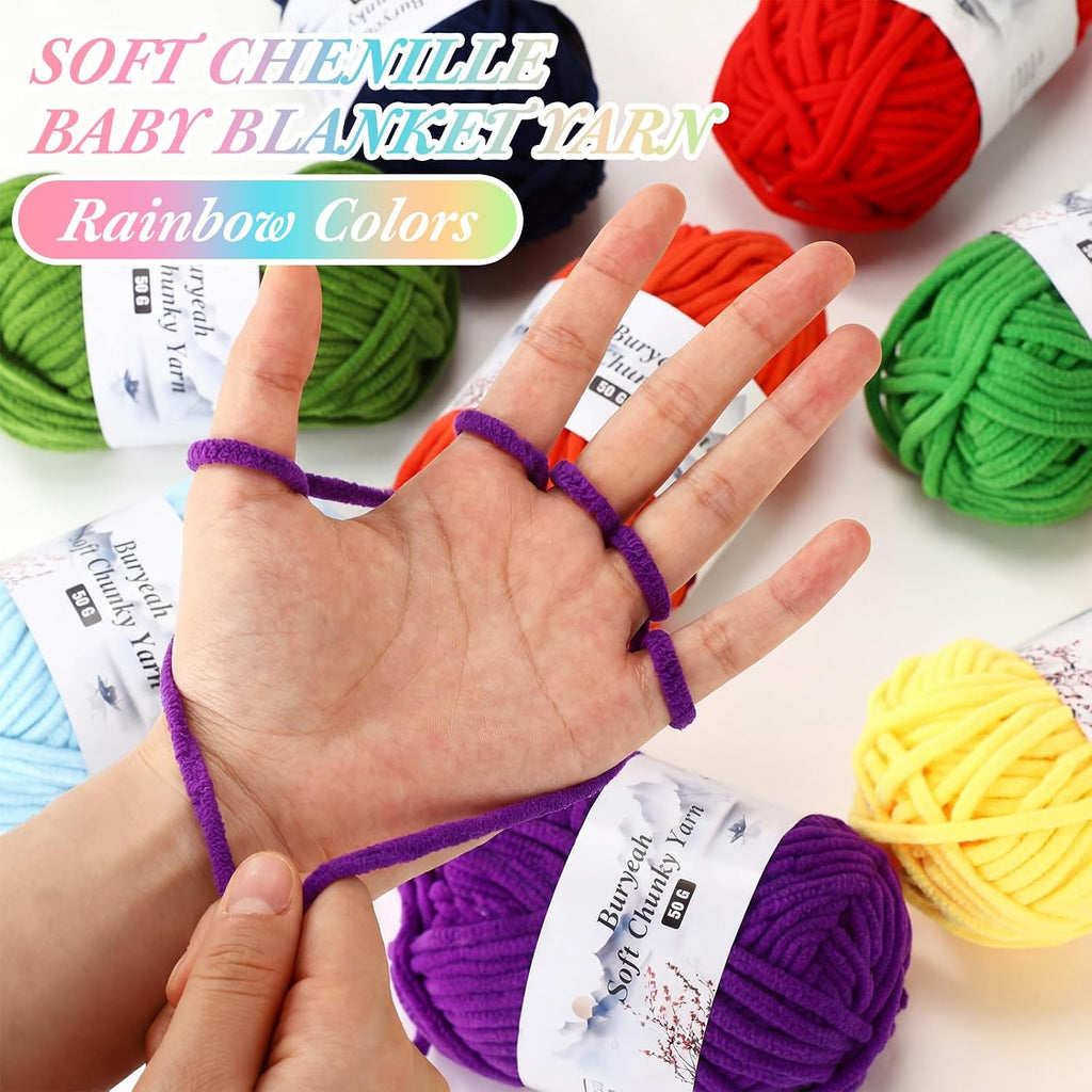 Buryeah 8 Pack #5 Skinny Chenille Yarn for Hand Knitting Rainbow