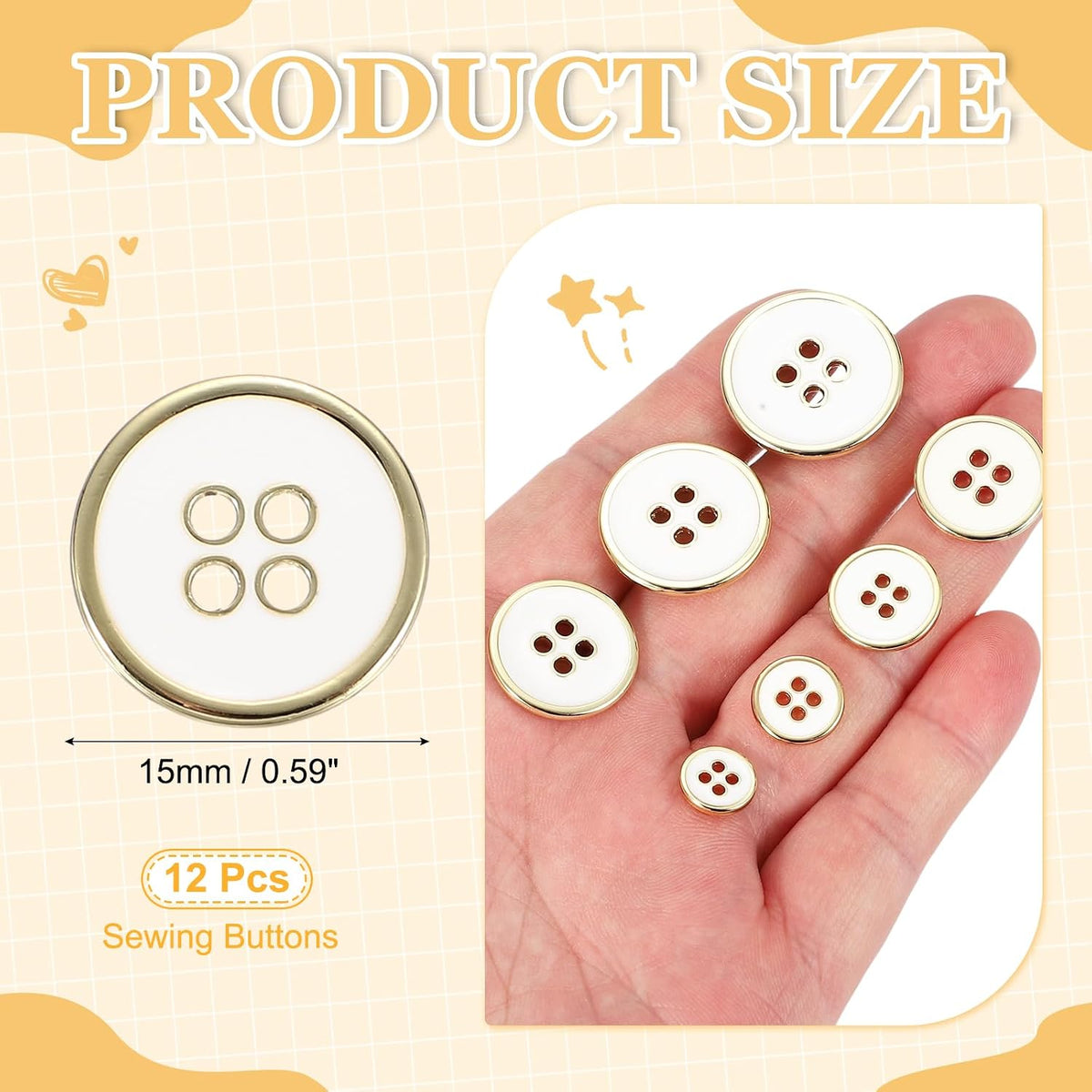 uxcell 12pcs Metal Sewing Buttons 15mm 4-Hole Gold White