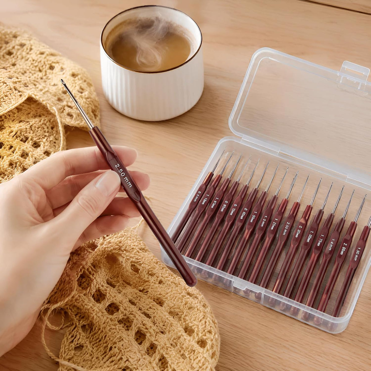 16pcs Lace Crochet Hook Set, Stainless Steel Tips, 0.5-2.5mm
