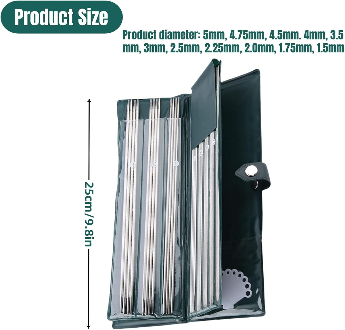44Pcs Double Pointed Knitting Needles Set, 2.0-5.0mm Stainless Steel