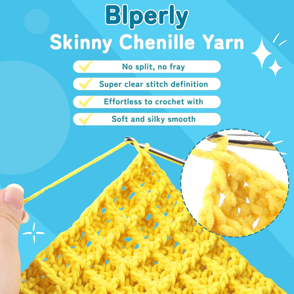 Skinny Chenille Yarn for Crocheting, #2 Blue Thin Baby Blanket Plush