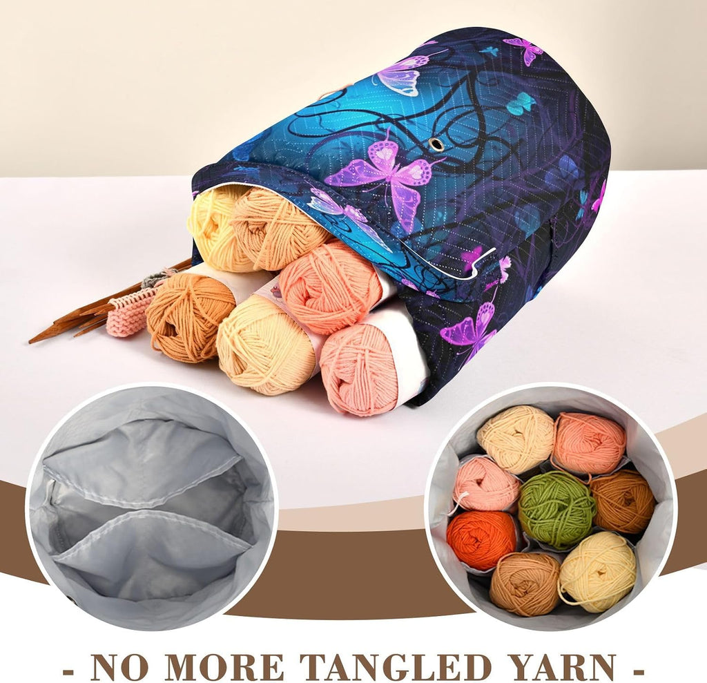 YETTASBIN Purple Blue Butterfly Yarn Storage Bag, Large Crochet