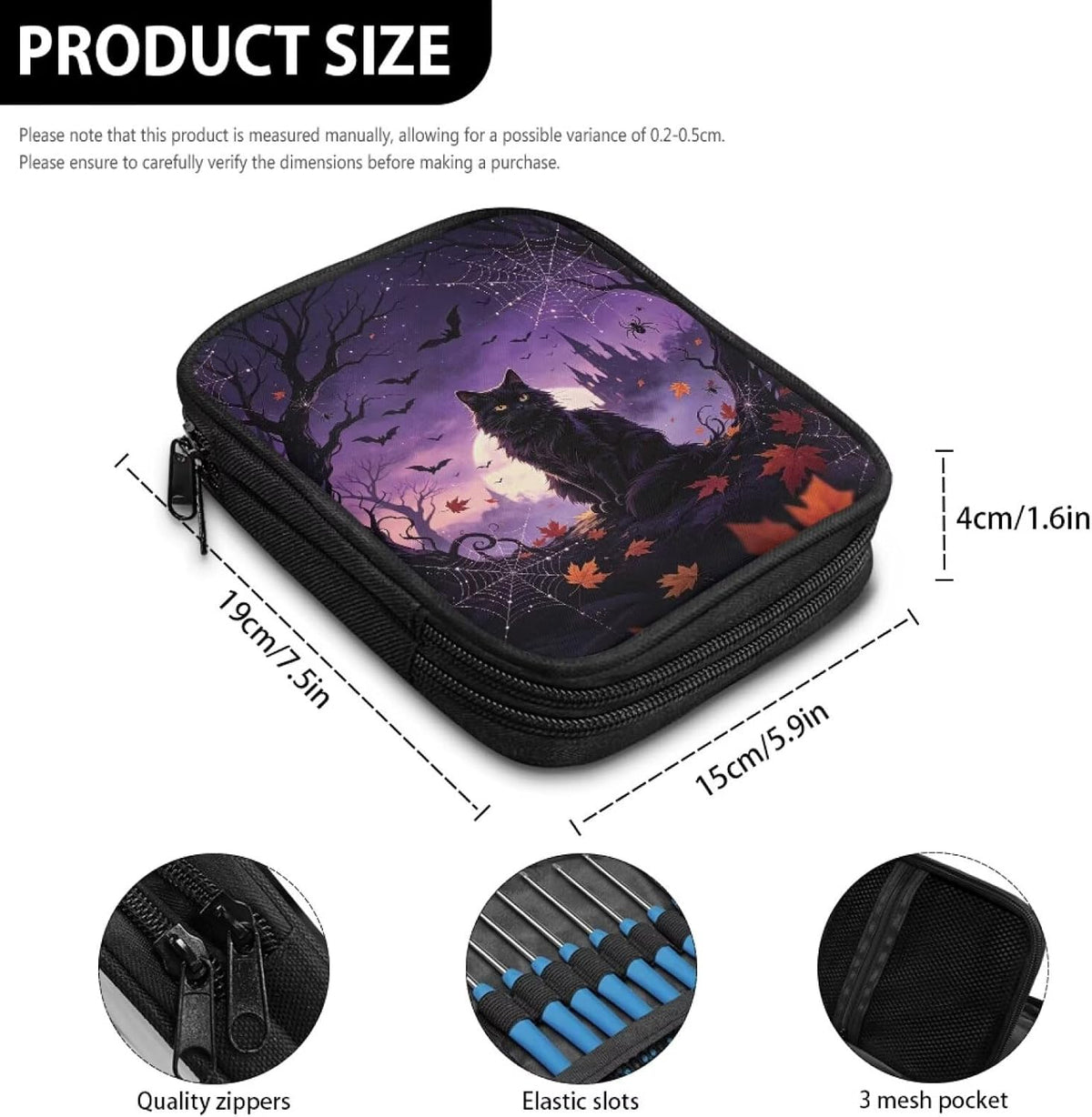 Hechitok Halloween Black Cat Empty Crochet Hook Case Portable Travel